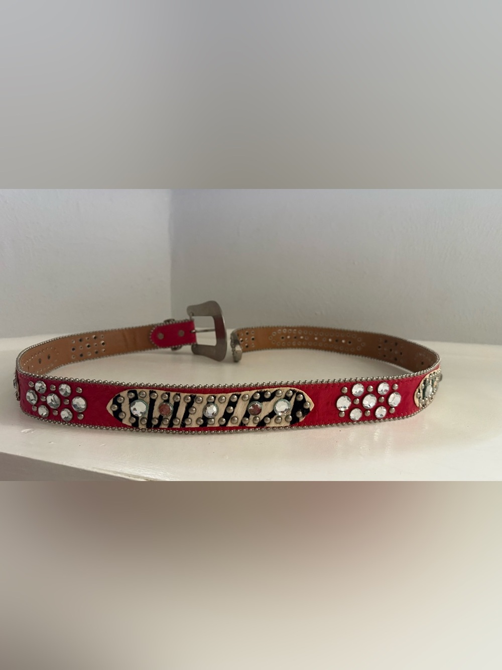 Studded Red Leather Women’s Belt with Crystal Accents